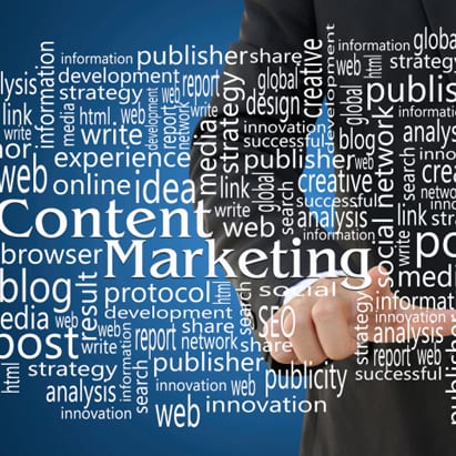 content marketing for small business as a word tag cloud in blue