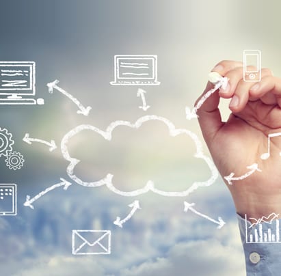 digital marketing strategies are shown as drawings in a blue cloud.